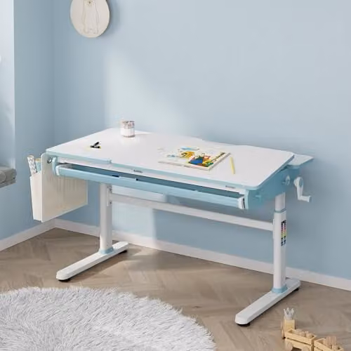 Mesa de escritorio infantil Kuosa de en.casa con tablero inclinable y altura regulable, An: 120 cm, P: 60 cm, Al: 54-76 cm, Azul/Blanco