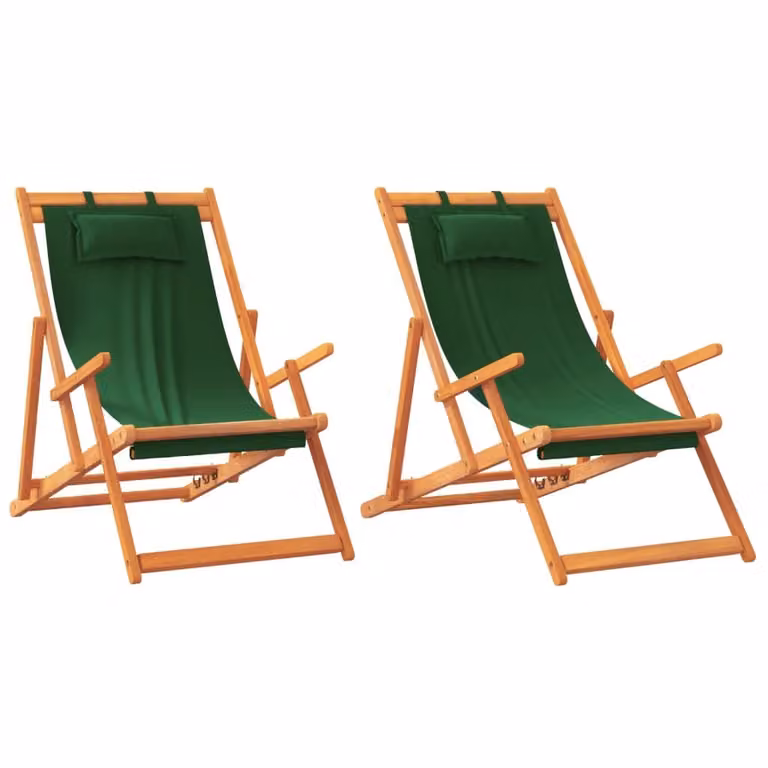 Set de 2 sillas de playa plegables Syfax de madera de eucalipto con cojines y tela verde resistente a los rayos UV