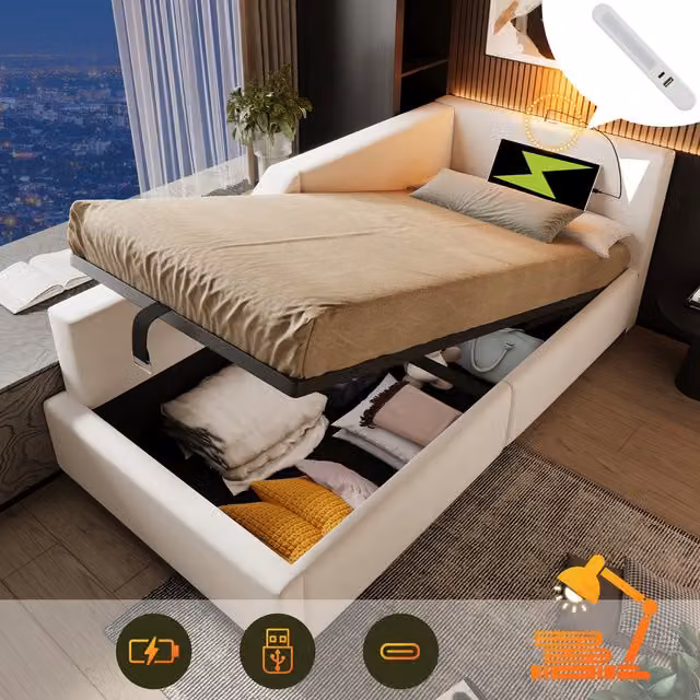 Sofá Cama Kellany Tapizado en Terciopelo con Almacenamiento Hidráulico, Luz de Lectura y Puerto USB-C, An/P/Al: 90 x 200 x 70,5 cm, Color Beige o Blanco