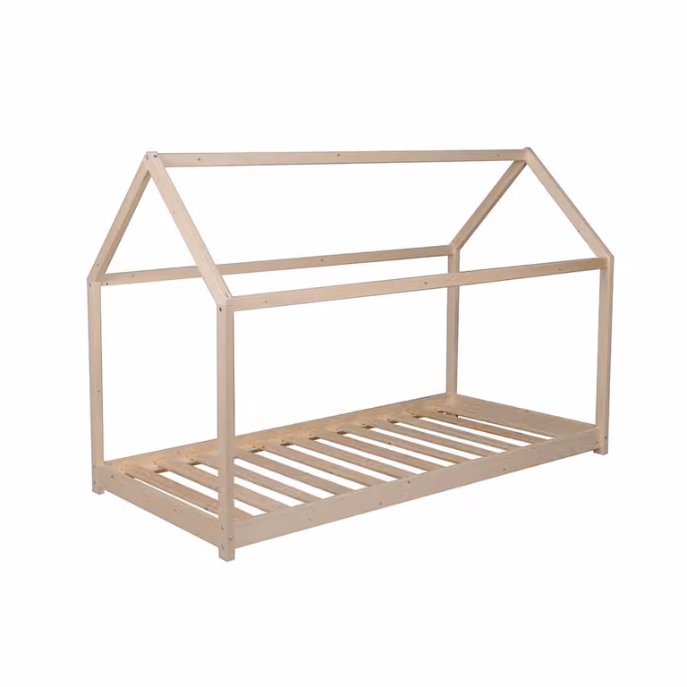 Cama cabaña PANDA de madera maciza para niños con zona de juego en color beige, An/P/Al: 140 x 70 cm