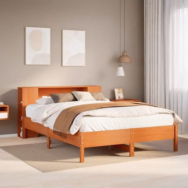 Cama con estantería Maison Exclusive de madera maciza de pino en color marrón de 140x190 cm