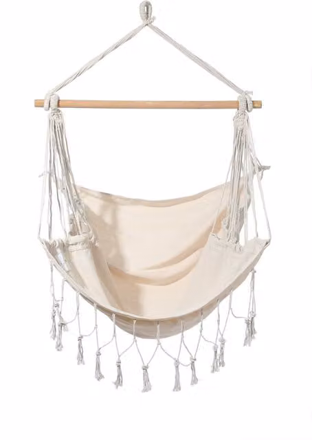 Silla colgante tipo huevo Rebecca de Mobili Edera en lona beige estilo boho, An/P/Al: 130 x 90 x 130 cm