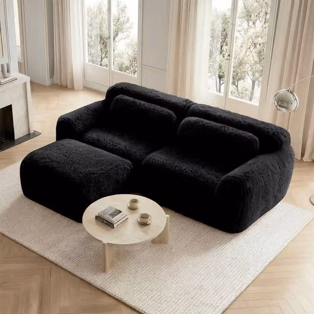 Sofá Esquinero de Dos Plazas KELLANY en Tela de Terciopelo Negro, Diseño Modular Reversible con Cojines y Relleno de Espuma Suave