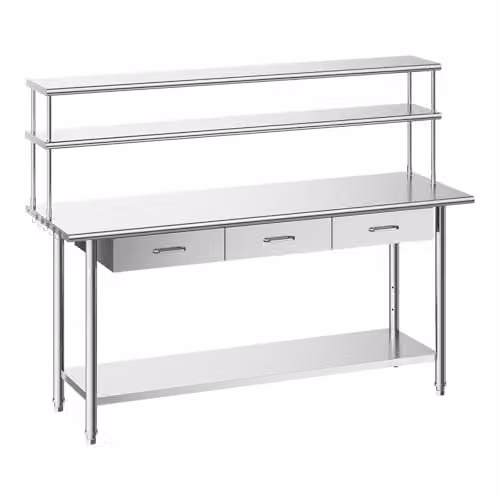 Mesa de trabajo profesional VEVOR de acero inoxidable color plata con 2 cajones y estantes superiores, An/P/Al: 182,9 x 61 x 140 cm