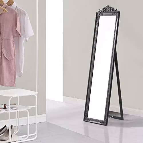 Espejo de pie de cuerpo entero Arezzo en.casa con marco de madera, estilo clásico y soporte ajustable, rectangular, color gris, An/P/Al: 40 x 160 cm