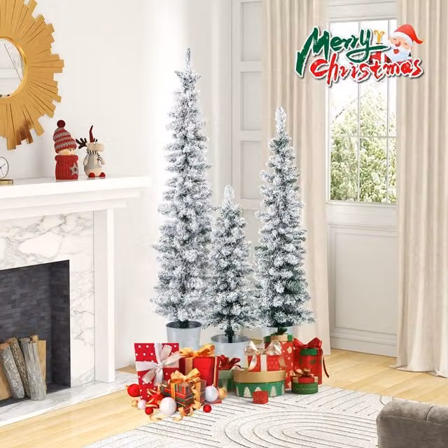 Set de 3 Árboles de Navidad Artificiales con Nieve de NORTHIX en color Verde y Multicolor, con tamaños de 90 cm, 120 cm y 150 cm