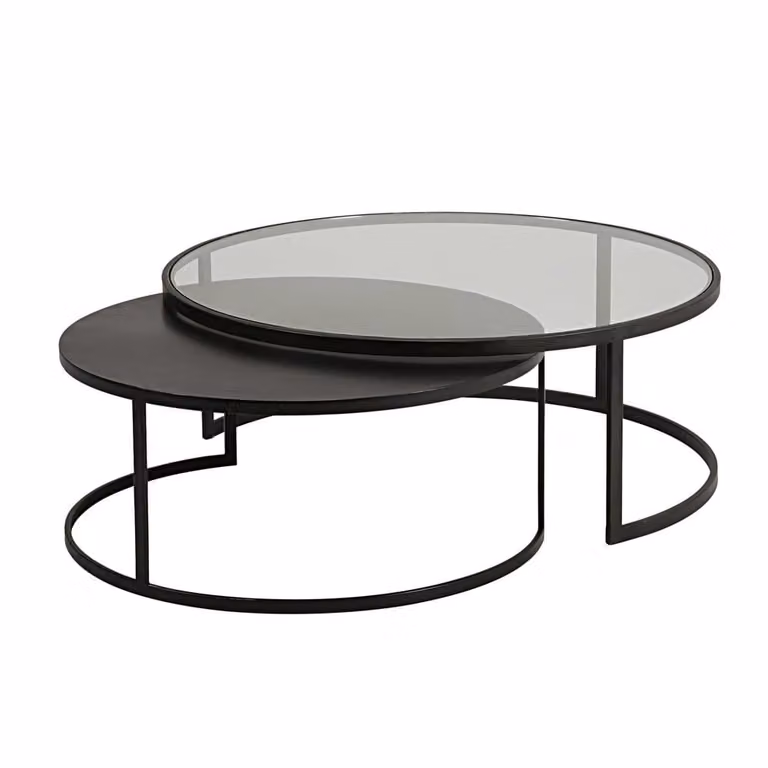 Juego de 2 mesas de centro nido redondas de Maison du Monde con superficie de vidrio transparente y estructura de metal negro mate