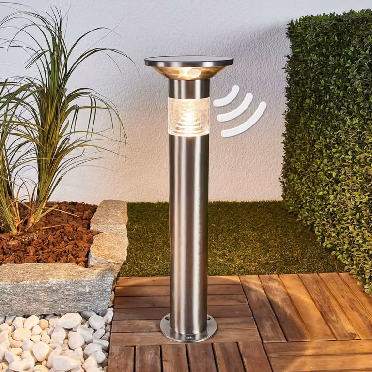 Baliza LED solar Lindby con sensor de movimiento, diseño moderno en gris y acero inoxidable, Altura: 54 cm