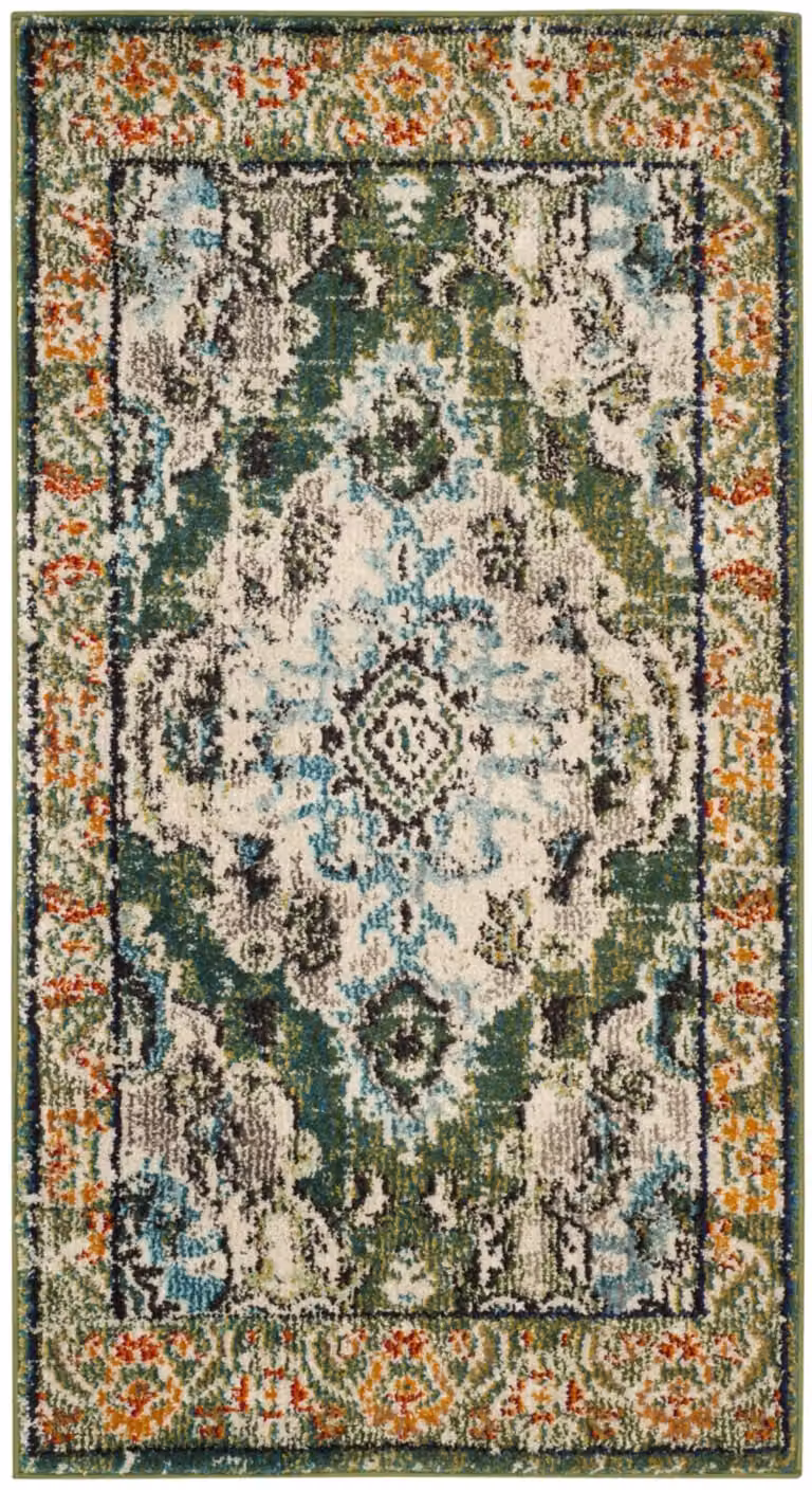 Alfombra Safavieh de estilo boho chic con diseño geométrico moderno en polipropileno, colores verde y azul, An/P: 66 x 305 cm