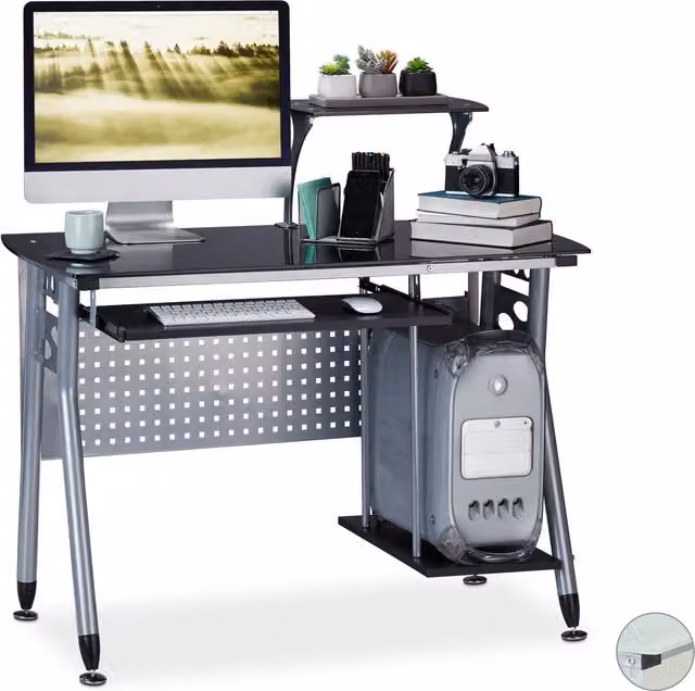 Mesa de ordenador minimalista NORTHIO con tablero de cristal y estructura metálica, An: 120 cm, P: 60 cm, Al: 73,5 cm