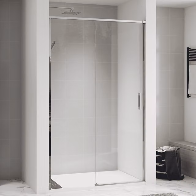 Mampara de ducha corredera Baño Total rectangular de vidrio transparente de 6 mm con acabado antical y perfilería en cromo brillante, An: 180 cm, Al: 195 cm