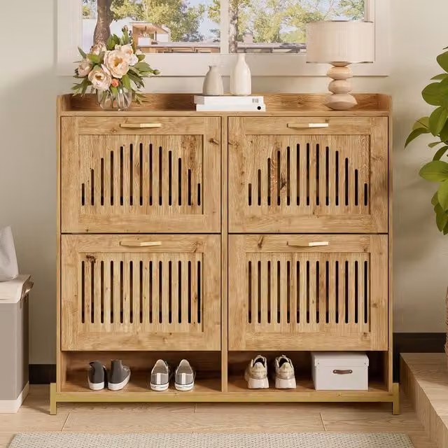 Zapatero DREAMMESPACE de madera y metal con 4 puertas caladas y estantes internos, color marrón, An/P/Al: 108,5 x 24 x 100 cm