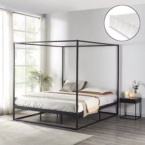 Conjunto de cama con baldaquín en metal y colchón de espuma fría en color negro de en.casa, An/P/Al: 160 x 200 cm