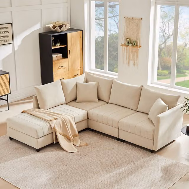 Sofá Esquinero Modular Kellany en Color Beige con Función de Cama y Reposapiés Reversible para tu Salón