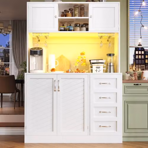 Aparador Buffet OKWISH Blanco con Iluminación LED, Estante para Snacks y Portabebidas, 4 Puertas y 2 Cajones, An/P/Al: 120 x 40 x 188 cm