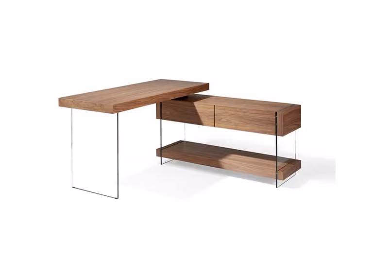 Escritorio esquinero moderno Kliver de LES TENDANCES en madera de nogal y cristal transparente An/P/Al: 140 x 130 x 75 cm