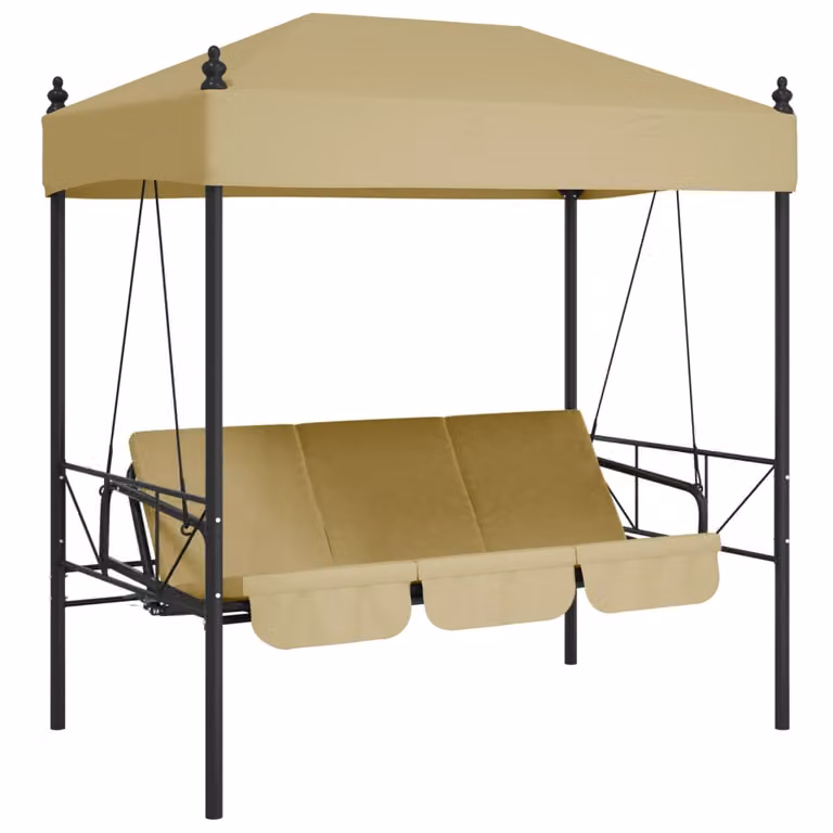 vidaXL Banco columpio de jardín convertible en cama con toldo y cojines de color arena y estructura de acero