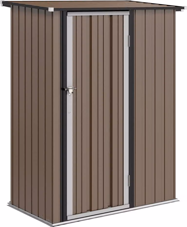 Caseta de jardín Northio de acero con techo inclinado, puerta doble con cerradura y diseño moderno en color marrón