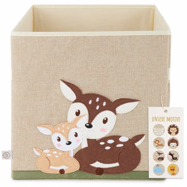 Caja de juguetes plegable Bieco con diseño de ciervos y asas, color beige, An/P/Al: 32 x 32 x 33 cm