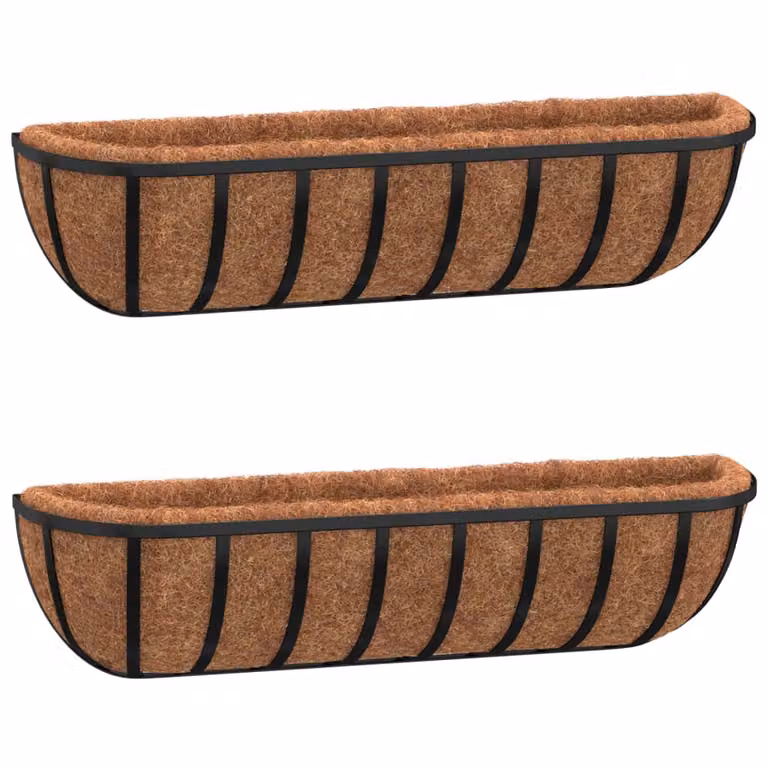 Set de 2 macetas de pared vidaXL con revestimiento de coco y acero en color negro y marrón, An/P/Al: 91 x 20 x 23 cm