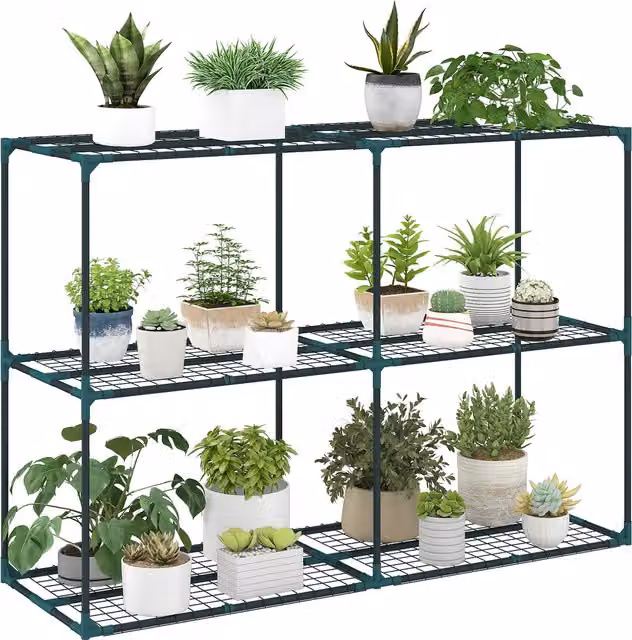 Soporte para plantas de tres niveles SELECT ZONE en metal color verde mate, An/P/Al: 143 x 48 x 100 cm
