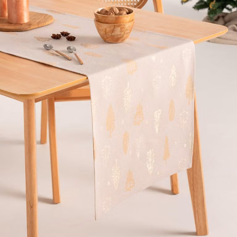 Camino de mesa de Navidad Gamusi en jacquard de algodón, diseño floral, color beige y oro, An/P/Al: 45 x 135 cm