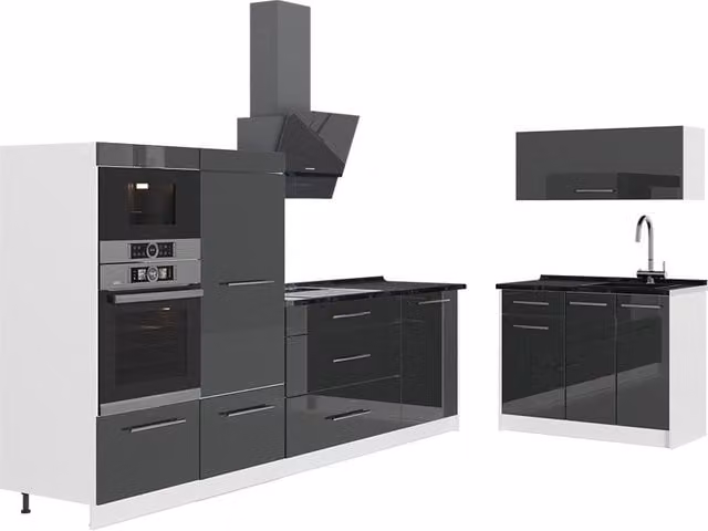 Cocina Vicco Fame-Line de diseño moderno en antracita alto brillo y blanco de 380 cm sin encimera
