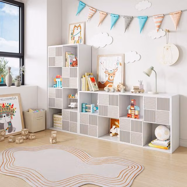 Librería Infantil SOLKVUNZA de Estilo Moderno en Color Blanco con 8 Compartimentos y 4 Puertas, An/P/Al: 125 x 30 x 60 cm