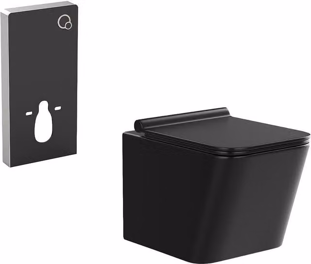Pack de WC suspendido Clemona en negro mate con soporte decorativo, cerámica rimless y cierre suave, An/P/Al: 52 x 34 x 52 cm