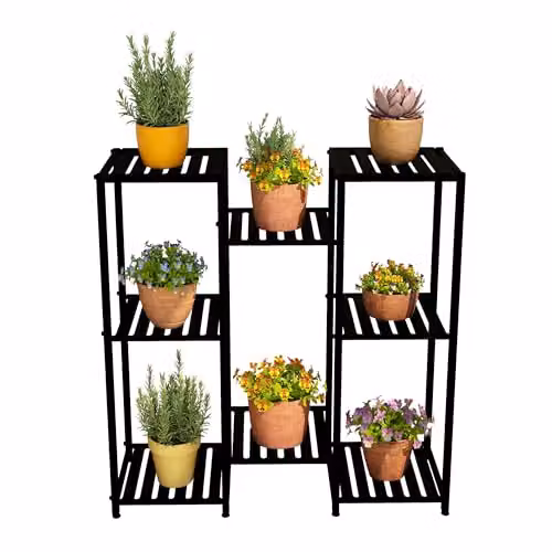 Estantería para plantas Relaxdays de metal con 8 baldas, color negro mate, An/P/Al: 81 x 80 x 28,5 cm