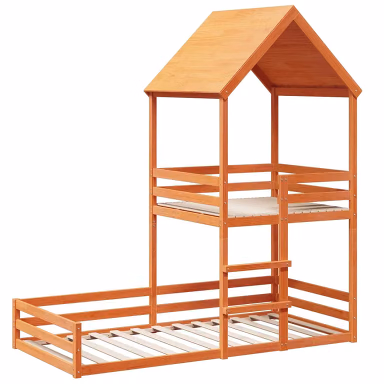 Cama infantil con estructura de casa vidaXL de madera maciza de pino encerada en color marrón, An/P/Al: 90 x 190 x 219,5 cm