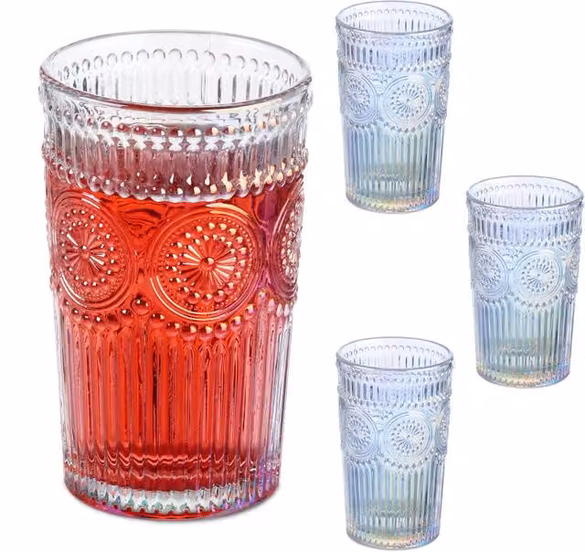 Set de 4 vasos de cocktail relaxdays de vidrio transparente con efecto holográfico y diseño vintage, capacidad 360 ml, An/P/Al: 12,5 x 8 cm