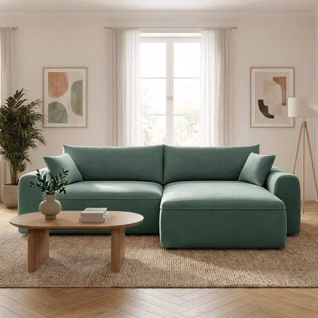Sofá esquinero convertible Belair de Concept-Usine, 4 plazas, tapizado en tela boucle verde con función de cama y caja de almacenamiento, An/P/Al: 115 x 104 x 44 cm