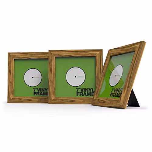 Set de 3 marcos para vinilos de 7 pulgadas Reloop en color marrón con acabado de madera y diseño minimalista para montaje en pared