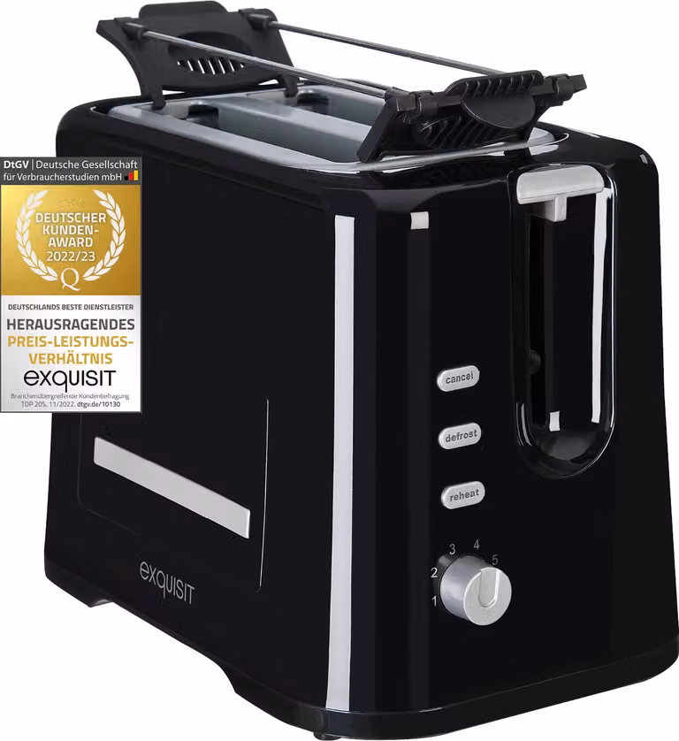 Tostadora Exquisit TA 3102 SWI en color negro y plata con función de descongelación, 6 niveles de tostado, 870 vatios, bandeja extraíble para panecillos y bandeja para migas