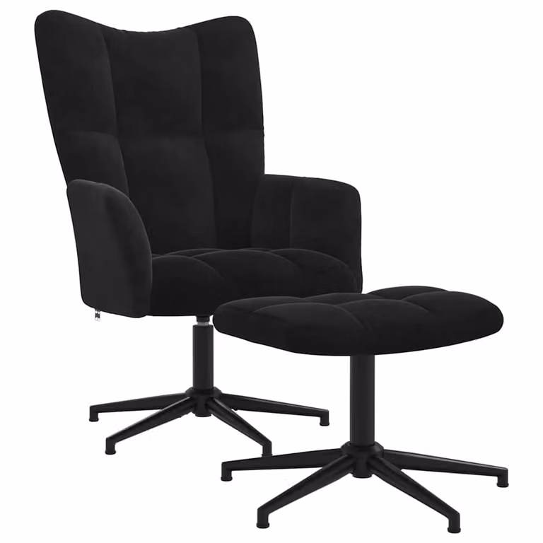 Sillón de relax con taburete vidaXL en terciopelo negro con estructura de metal y giro de 360 grados