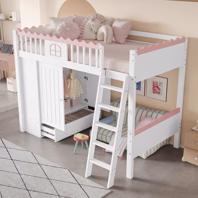 Cama alta infantil MODENVIE con iluminación LED, armario y cajones, fabricada en pino y MDF, An/P/Al: 90 x 200 x 160,8 cm, disponible en blanco o rosa