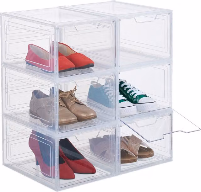 Set de 6 cajas apilables para zapatos de Relaxdays, transparentes, para calzado hasta talla 50, An/P/Al: 18 x 25 x 34 cm