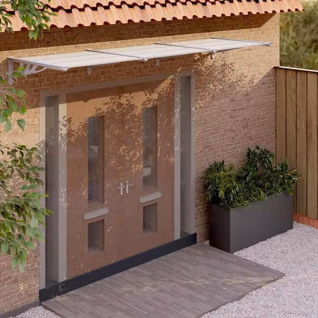 Marquesina para puerta de vidaXL en policarbonato y aluminio, gris y transparente, An/P/Al: 297,5 x 90 x 27,5 cm