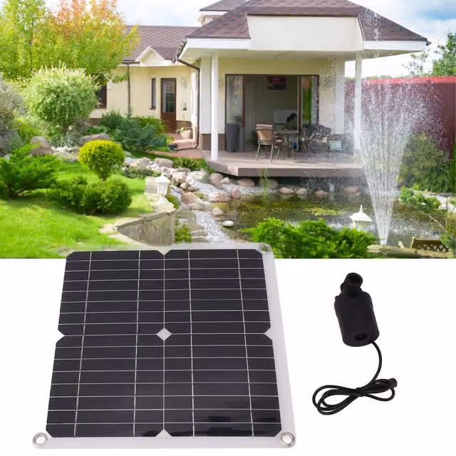 Conjunto de bomba de agua solar Infinite para fuentes y riego con panel solar monocristalino de 100 W y compartimento para batería en color negro