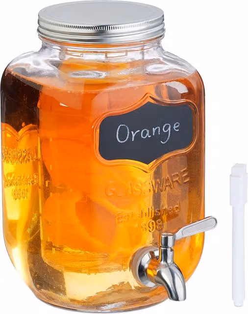 Dispensador de bebidas con infusor de frutas relaxdays de vidrio transparente y metal plateado con tapa, capacidad 4 l