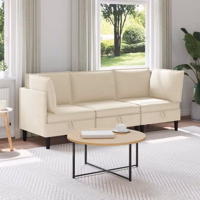 Juego de muebles de salón vidaXL de 3 piezas en forma de L, tapizado en tela beige y marrón con diseño moderno y chaise longue derecha