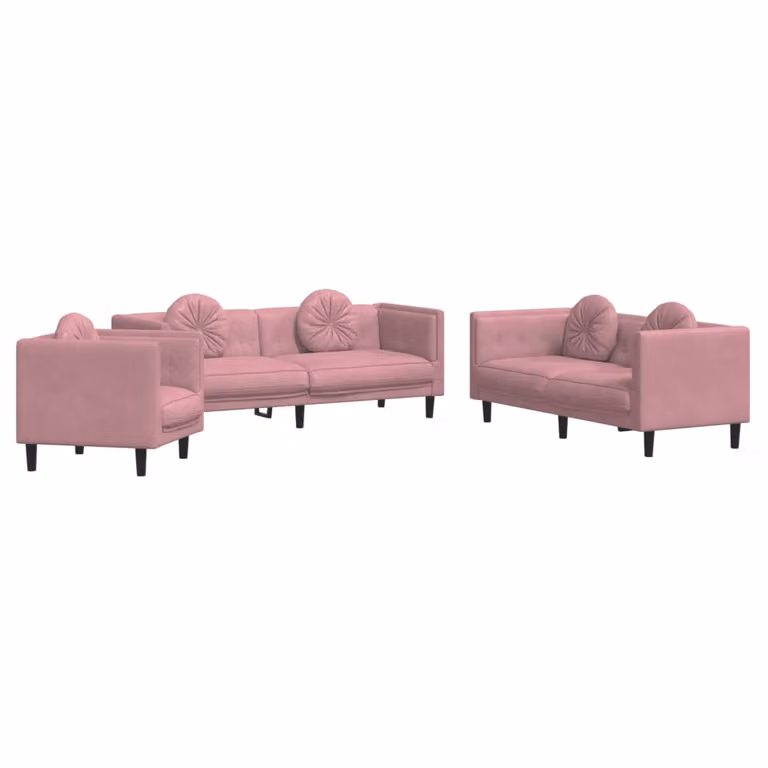 Juego de sofás de 3 piezas vidaXL en terciopelo rosa con cojines para salón