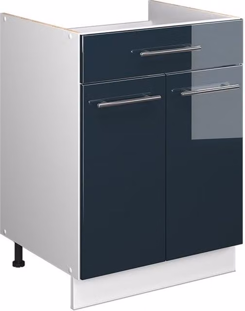 Mueble bajo para fregadero Vicco Fame-Line en azul oscuro alto brillo y blanco con cajón y puertas con cierre suave, An: 60 cm, Al: 82 cm, P: 51,6 cm