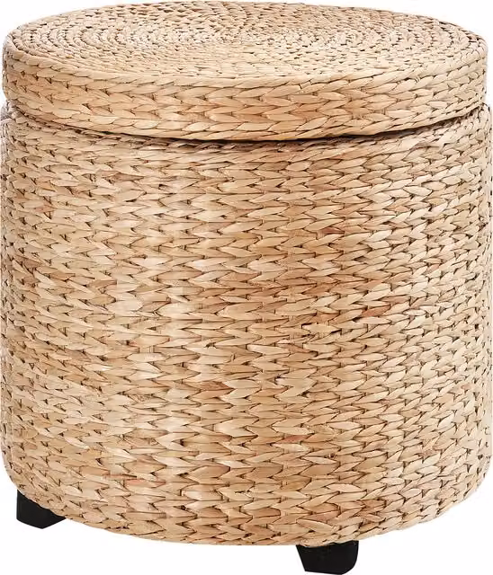 Taburete redondo acolchado HOMCOM con espacio de almacenamiento y patas, diseño moderno en color beige y acabado de lino y ratán