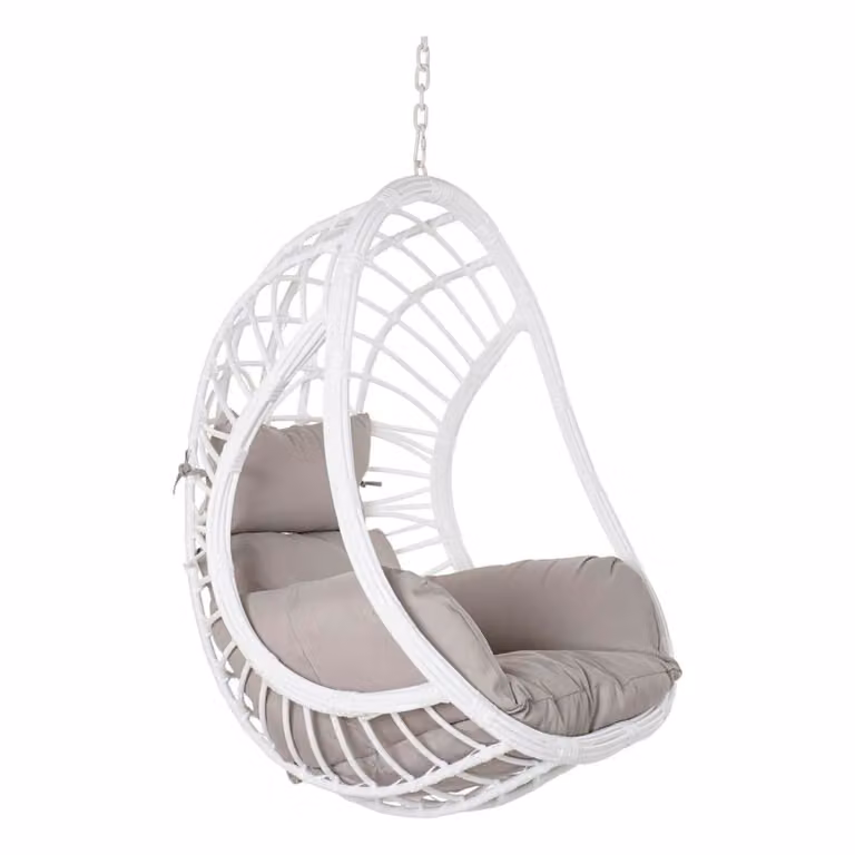 Sillón colgante tipo huevo NIYLO de ratán sintético blanco con cojín An/P/Al: 90 x 70 x 110 cm