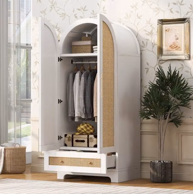 Armario OKWISH de estilo boho con efecto ratán, 2 puertas, 2 cajones y compartimento, blanco, An/P/Al: 70 x 55 x 170 cm