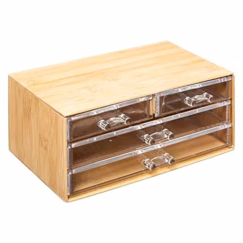 Joyero Selena de 5 five simply smart con 4 cajones en bambú y color beige con detalles transparentes An/P/Al: 23,4 x 15,3 x 10,7 cm