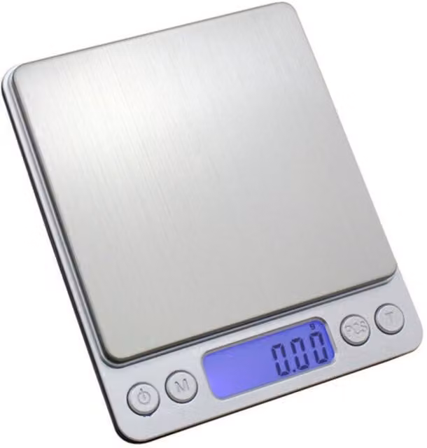 Balanza de precisión XISRENS de 500 g con capacidad de 0,1 g, color plata y acabado en acero inoxidable con pantalla LCD retroiluminada para cocina o joyería