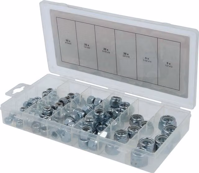 Surtido de 100 tuercas hexagonales autoblocantes KSTOOLS en color plata con estuche de plástico